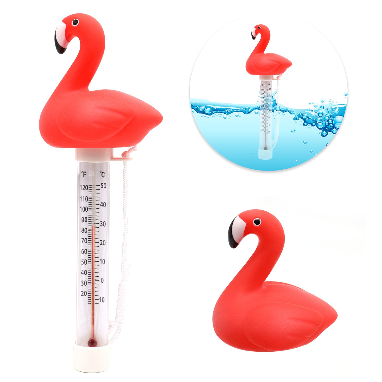 XY-WQ Floating Pool Thermometer, Large Size Easy Read for Water Temperature, Shatter Resistant with String for Outdoor and Indoor Swimming Pools and Spas (Flamingo)