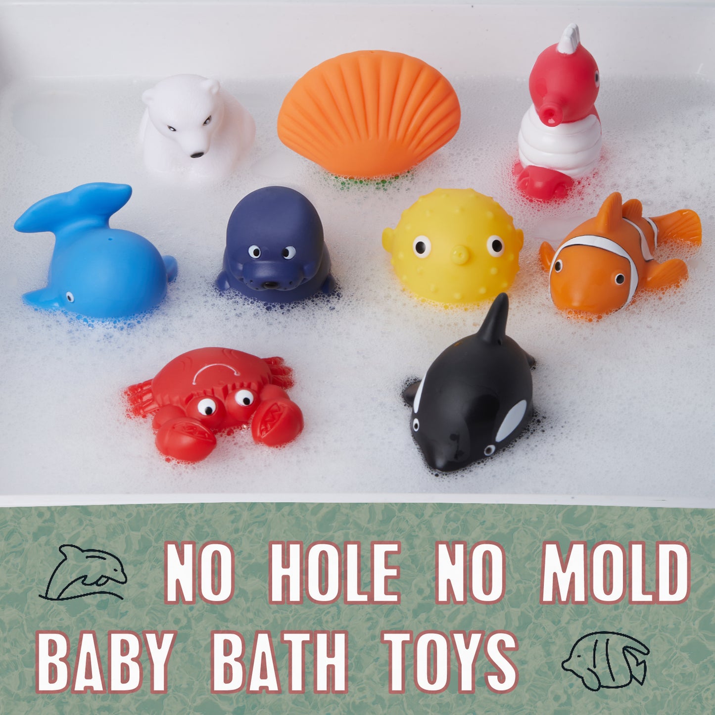 Mold Free Ocean Bath Toys for Toddlers/ Infants 6 - 12- 18 Months, No Hole Baby Bathtub Toys, 1 2 3 4 Years Old Kids (9 Pcs Ocean Animals with Mesh Bag)
