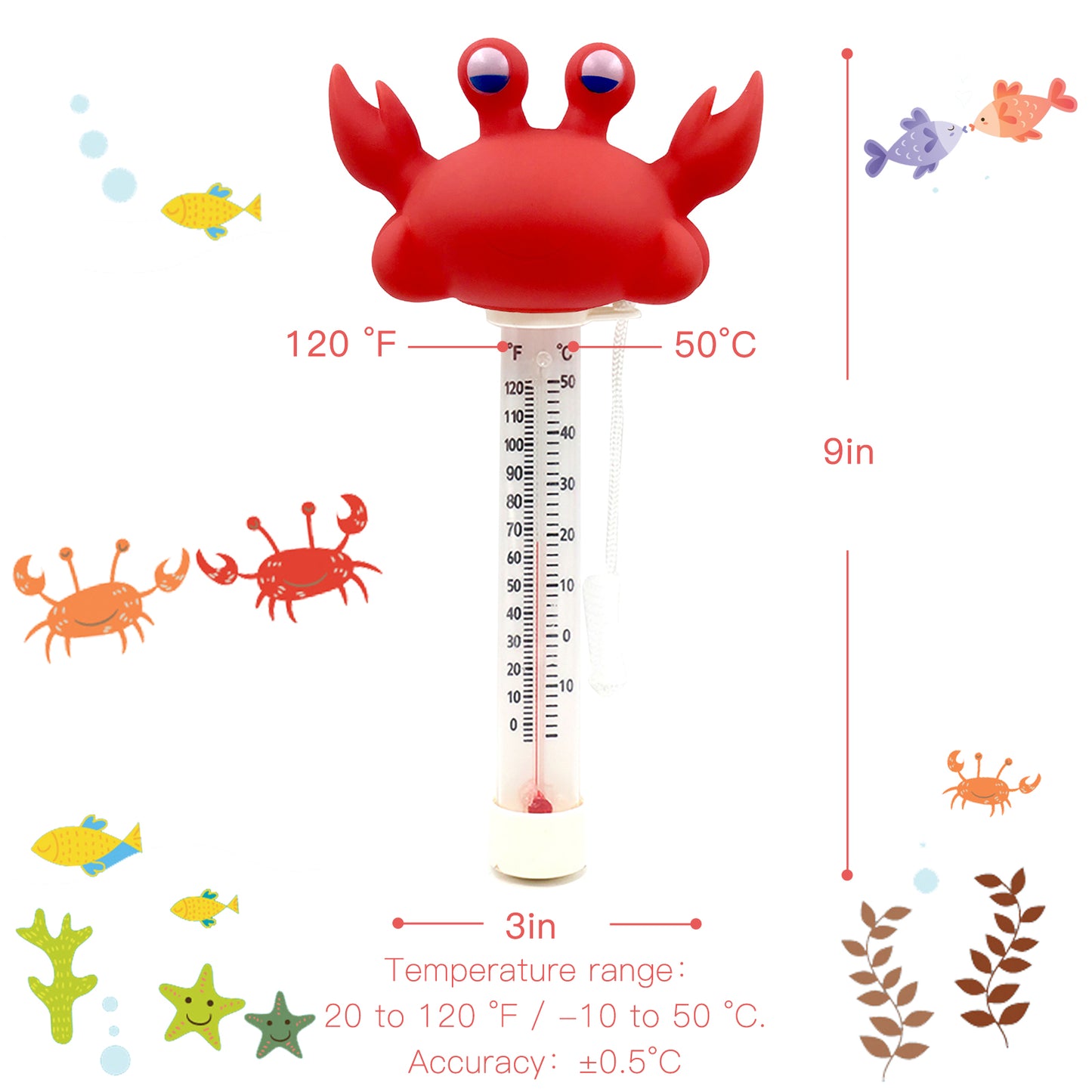 XY-WQ Floating Pool Thermometer, Large Size Easy Read for Water Temperature, Shatter Resistant with String for Outdoor and Indoor Swimming Pools and Spas (Crab)