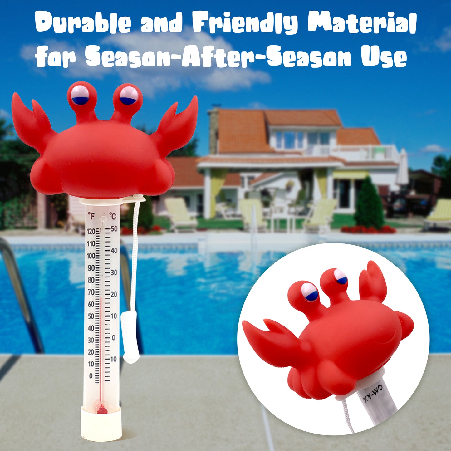 XY-WQ Floating Pool Thermometer, Large Size Easy Read for Water Temperature, Shatter Resistant with String for Outdoor and Indoor Swimming Pools and Spas (Crab)